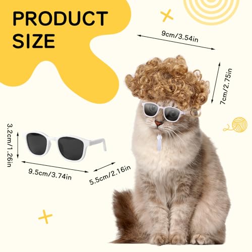 Cat Apparel Cat Gold Afro Wig with White Small Glasses Styling Cute Funny Pet Hair Accessories Decoration for Halloween (gold)