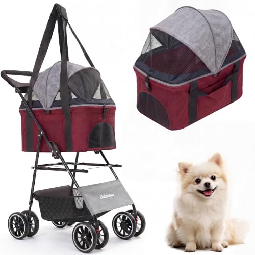 2-in-1 Foldable Pet Stroller 4-Wheel for Small Dogs & Cats,Dark Gray +Red (Dark Gray +Red)