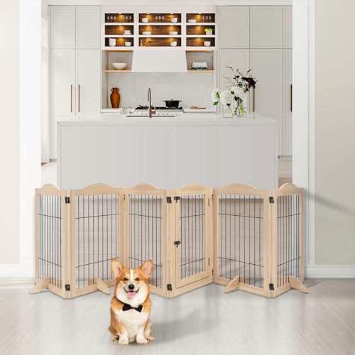 132" Extra Wide Dog Gate and Pet Playpen with Walk Through Door (Nature / 132"W×31.5"H)