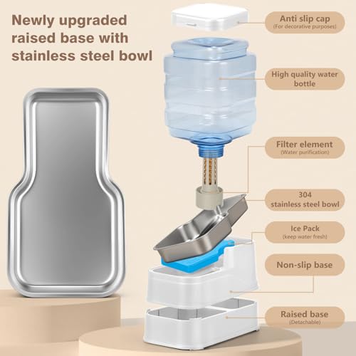 1.1 Gallon Pet Automatic Dog Water Dispenser Cat Gravity Waterer Feeder with Stainless Steel Bowl 8L Large Capacity Puppy Feeding Raised Bowls with Filter (White / 4L(1.1 Gallon))