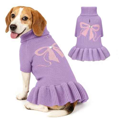 Bowknot Dog Sweater Dress for Small Dogs Girl (X-Large (21-28lbs) / Purple)