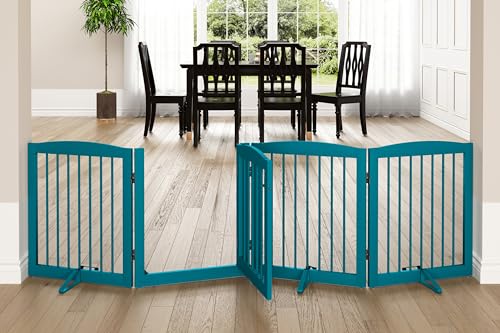 Freestanding Dog Gate with Door (4 Panel 24" / Blue)