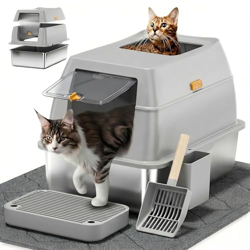 Stainless Steel Litter Box with Lid (Light Gray)