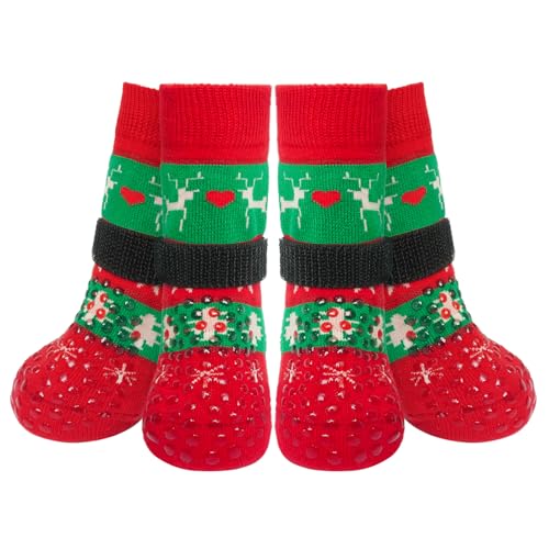 Christmas Dog Socks to Prevent Licking Paws for Cold Pavement (Christmas Red & Green / L(Pack of 4))