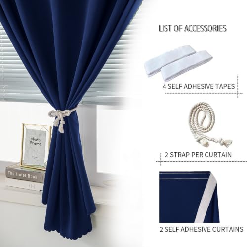 Self Adhesive Portable Blackout Curtains for Bedroom Easy to Install Window Thermal Lnsulated Kitchen Room Darkening Small Window Curtains (47"W x 79"L (Pack of 2) / Navy Blue)