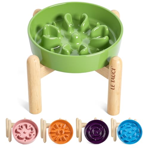 Ceramic Slow Feed Dog Bowls (Clover Green+Stand / S-0.6 Cups)