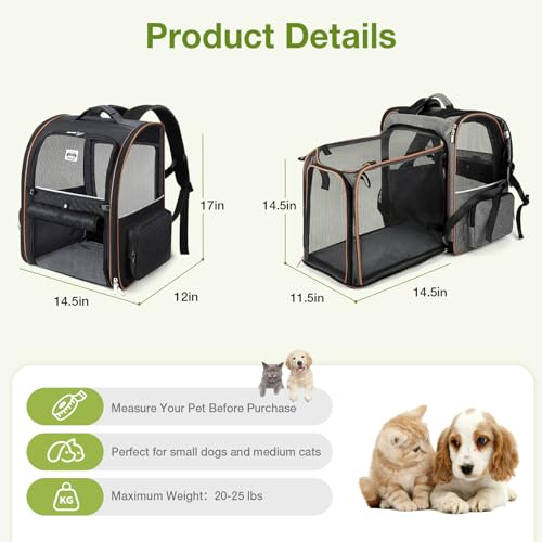 Large Cat Backpack Carrier Expandable Pet Carrier Backpack for Small Dogs Medium Cats Fit Up to 18 Lbs (Black)