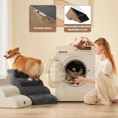 4 Step Curved Dog Stairs for Beds 17.6" H (Camel / 31.3"l X 15.7"w X 19.3"h)