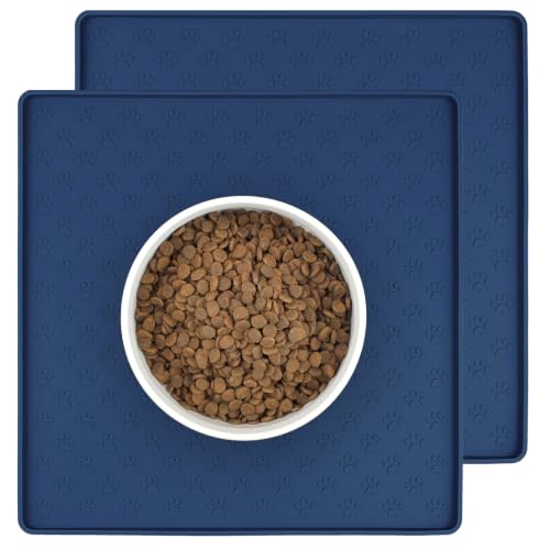 2 Pack Pet Placemat for Dog and Cat (11.8"L x 11.8"W - 2 Pack / Navy Blue)