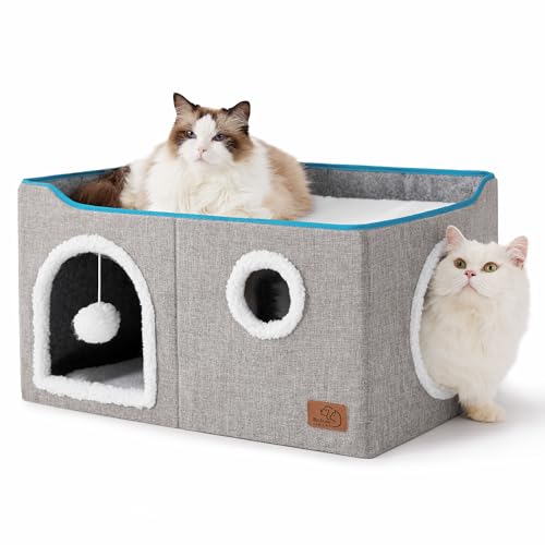 Extra Wide Cat House Bed with Fluffy Ball and Scratch Pad (Grey / Widen)