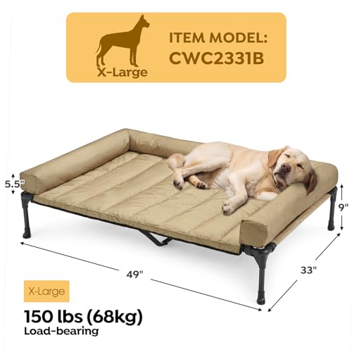 Outdoor Elevated Dog Bed with Waterproof Bolster Cushion (Beige Coffee / 49.0"L x 33.0"W x 9.0"Th)