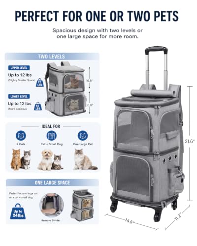 Double Compartment Cat Carrier Backpack with Wheels for Two Pets (14.6"L x 11.2"W x 21.6"H / Grey)