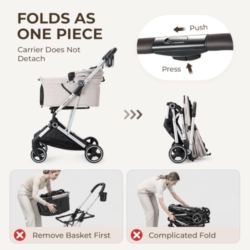 Beberoad T4 Pet Stroller for Small Medium Dogs & 2 Cats Foldable (Beige)