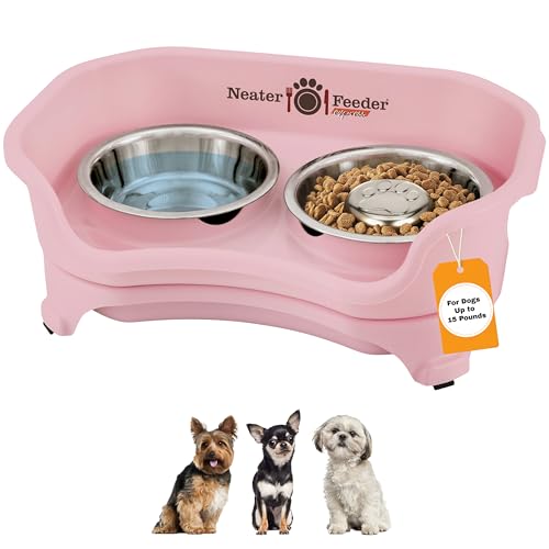 Express Mess Proof Dog Bowls Elevated for Small Breed (Small w/ Metal Slow Feed Bowl / Pink)