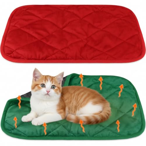 2 Pack Self Heating Cat Mat Self Warming Pet Pads Washable Kennel Mat Dog Crate Pad Reflects Body Heat Non Skid Cat Thermal Pads for Puppy Indoor Outdoor (16 x 20 inches / Red, Green)