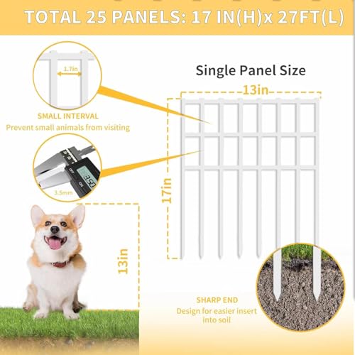 25 Pack Garden Animal Barrier Fence (25 Panels, 27ft(L) x 17in(H) / White)