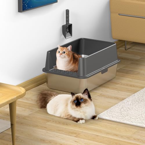 2PACK Stainless Steel Cat Litter Box with High Sides Lid (2PK-Dark Grey)