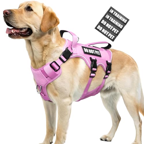Escape Proof Dog Harness with Double Handle+4 Removable Patches (Large / Pink)