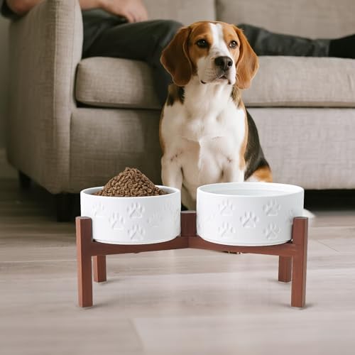 Ceramic Elevated Dog Bowl Set with Acacia Wood Stand for Food and Water for Medium Dogs (42.27 Oz / Dog Paw White)