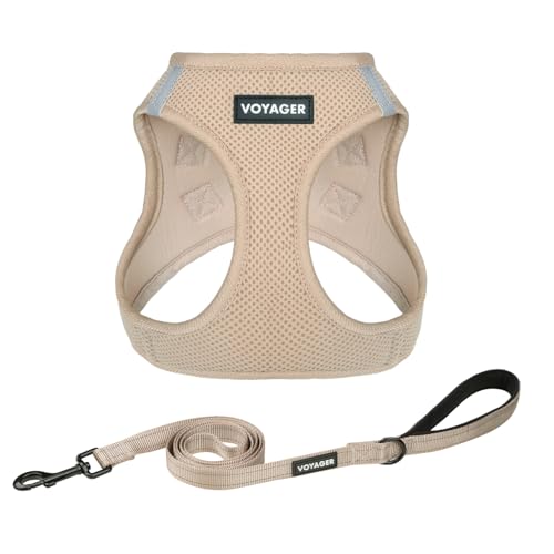 Voyager Step in Air All Weather Mesh Harness and Reflective Dog 5ft Leash Combo with Neoprene Handle (Khaki / S (Chest: 14.5 - 16"))