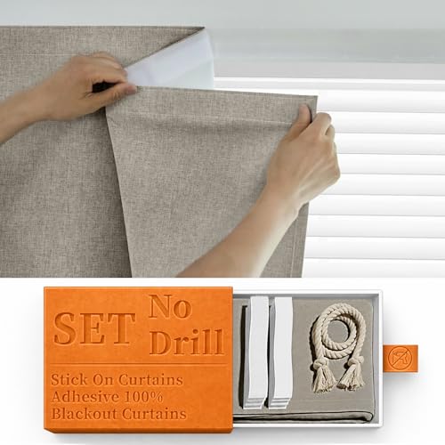 100% Blackout Curtains for Bedroom Stick On Curtain Window Shades Pull Down Blackout Window Cover No Drillng Self Adhesive Curtains No Rod Small Windows (46"W x 72"L (Pack of 1) / Light Brown)
