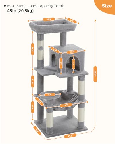 45.7" Cat Tree with Hammock (Grey / 45.7in)