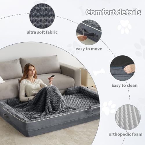 Orthopedic Washable Human Dog Bed for Adult & Dog Cozy Sleep (61.0"l X 43.0"w X 7.0"th / Dark Grey)