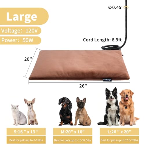 Pet Heating Pad for Cats Dogs Indoor & Sheltered Outdoor Waterproof Heated Cat Bed Heated Dog Bed Chew Resistant Cord Constant Temperature Electric Warming (Brown / Large: 26" x 20" x 1.3")