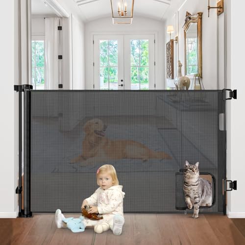 Retractable Baby Gates with Cat Door 80" Wide Retractable Dog Gate with Pet Door Outdoor Retractable Gate for Dogs Retractable Pet Gate with Door Mesh Baby Gate Retractable Mesh Dog Gate (Black / 33" X 80"（With Cat Door ）)