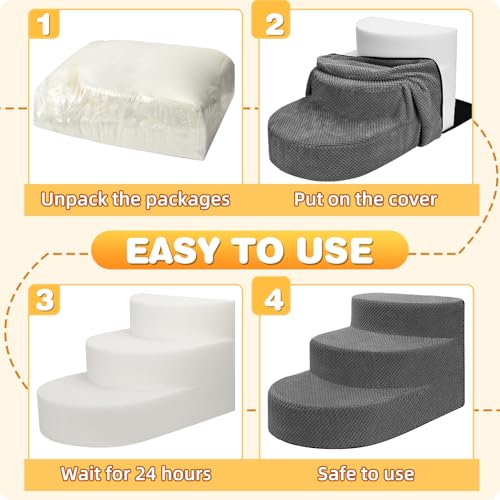Dog Stairs 3 Steps Foam Pet Ramp for Small Dogs Cats (Gray-3-Step)