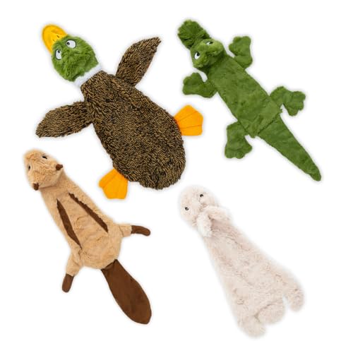 2-in-1 Stuffless Squeaky Dog Toy - 4 Figures, Large (Wild Duck, Hare, Squirrel & Alligator / Large)