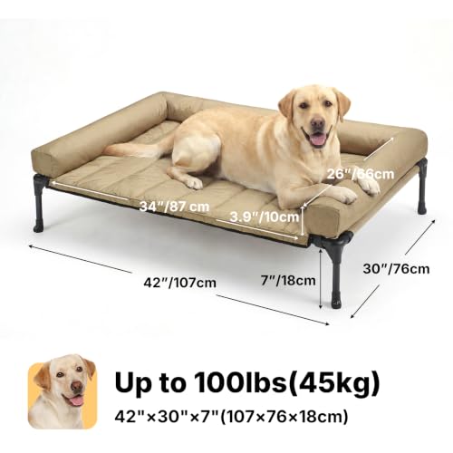 Outdoor Elevated Dog Bed with Waterproof Bolster Cushion (Beige Coffee / 42.0"L x 30.0"W x 7.0"Th)