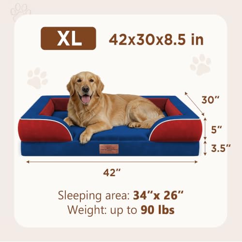 Orthopedic Dog Bed for Extra Large Dogs with Bolster (42.0"L x 30.0"W x 8.5"Th / Classic Tri-Color)