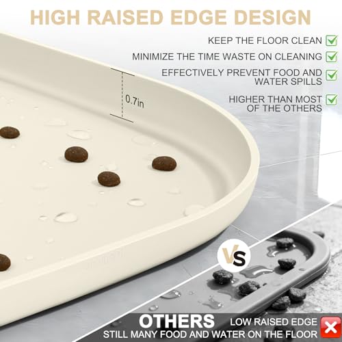 Waterproof Silicone Pet Food Mat with Raised Edge for Dog & Cat (19"L x 12"W / White Sand)