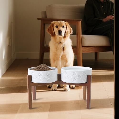 Ceramic Elevated Dog Bowl Set with Acacia Wood Stand for Food and Water for Large Dogs (60.87 Oz / White with Dog Paw Pattern)