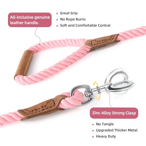 Dog Leash Braided Cotton Rope w (Candy Pink / 72 Inch-1/2")