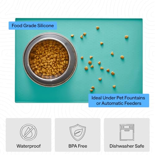 Dog Food Mat 100% Waterproof Silicone (Turquoise / 16"l X 10"w)