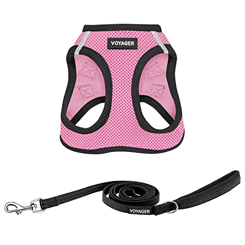 Voyager Step in Air All Weather Mesh Harness and Reflective Dog 5ft Leash Combo with Neoprene Handle (Pink/Black Trim / XS (Chest: 13 - 14.5"))