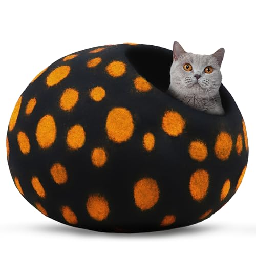 Premium Felt Cat Cave Bed (Black Polka)