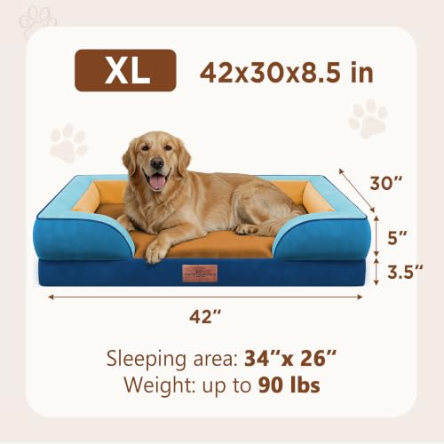 Orthopedic Dog Bed for Extra Large Dogs with Bolster (42.0"L x 30.0"W x 8.5"Th / Golden Harbor)