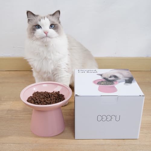 2 Pack Extra Wide Elevated Ceramic 6.2" Shallow Cat Food Bowls (Pink-2 Food Bowl)