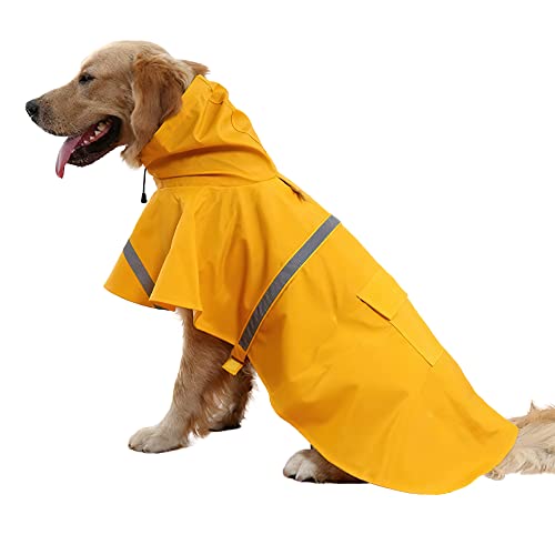 Large Dog Raincoat Adjustable Pet Water Proof Clothes Lightweight Rain Jacket Poncho Hoodies with Strip Reflective (2X-Large (Pack of 1) / Yellow)