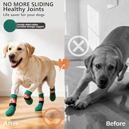 Anti Slip Dog Socks to Prevent Licking Paws for Hot Pavement (Red & Green / Large)