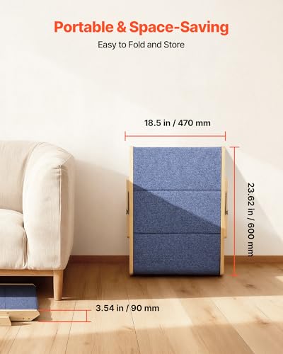 Wood Pet Stairs (Wood Color+Blue / 3-Step Foldable)