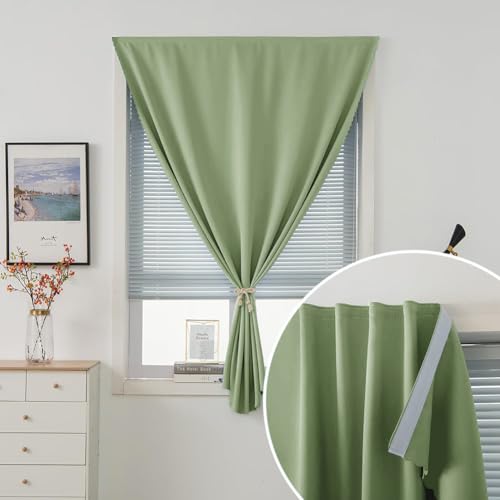 Magic Tape Blackout Curtains for Bedroom No Drillng Self Adhesive Curtains No Rod Small Window (35"W x 79"L (Pack of 1) / Sage Green)