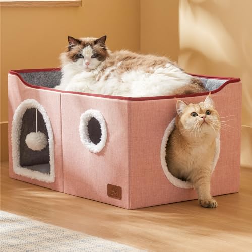 Extra Wide Cat House Bed with Fluffy Ball and Scratch Pad (Pink / Widen)