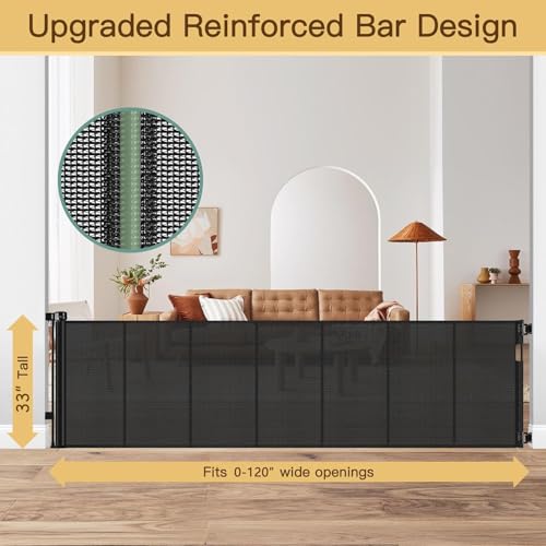 Reinforced 120 Inch Retractable Baby Gates Extra Wide Baby Gate to Prevent Crawling Through (Black / 33" Tall x 120" Wide（ With Reinforced Bar ）)