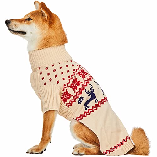 Christmas Reindeer and Snowflake Dog Sweater in Light Beige (14 inch (Pack of 1) / Reindeer - Light Beige)