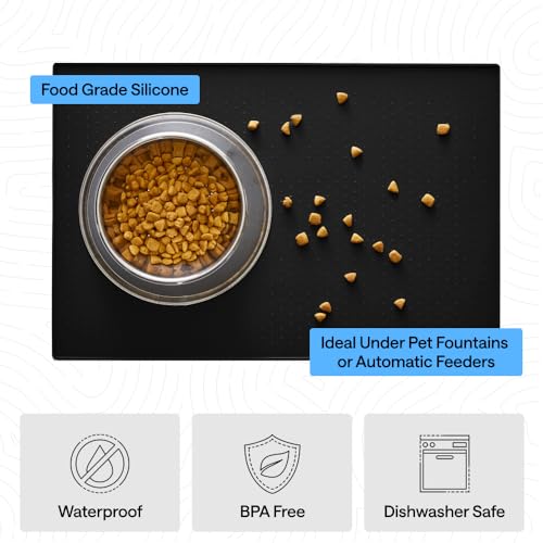 Dog Food Mat 100% Waterproof Silicone (Black / 16"l X 10"w)
