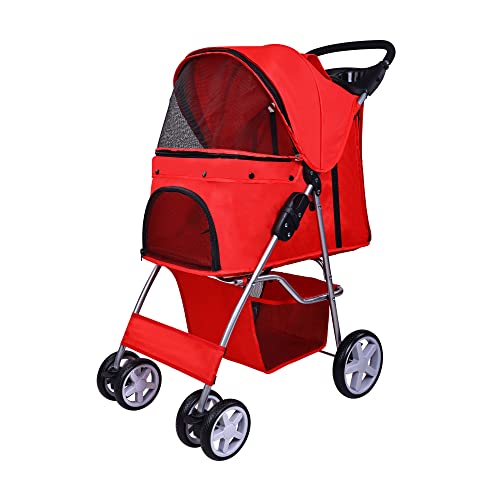 Pet Stroller 4 Wheels Multifunction Dog Cat Stroller (Red)